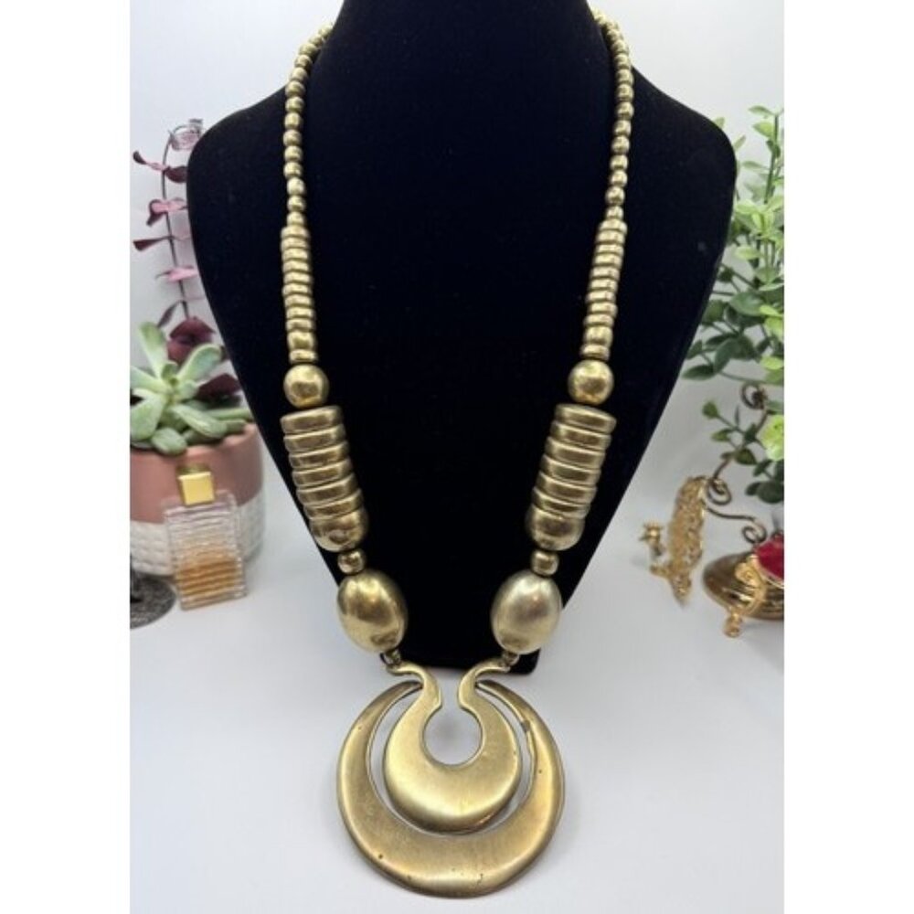 Vintage Mid-Century Modernist Brass Necklace MCM Beaded Statement Tribal Boho XL